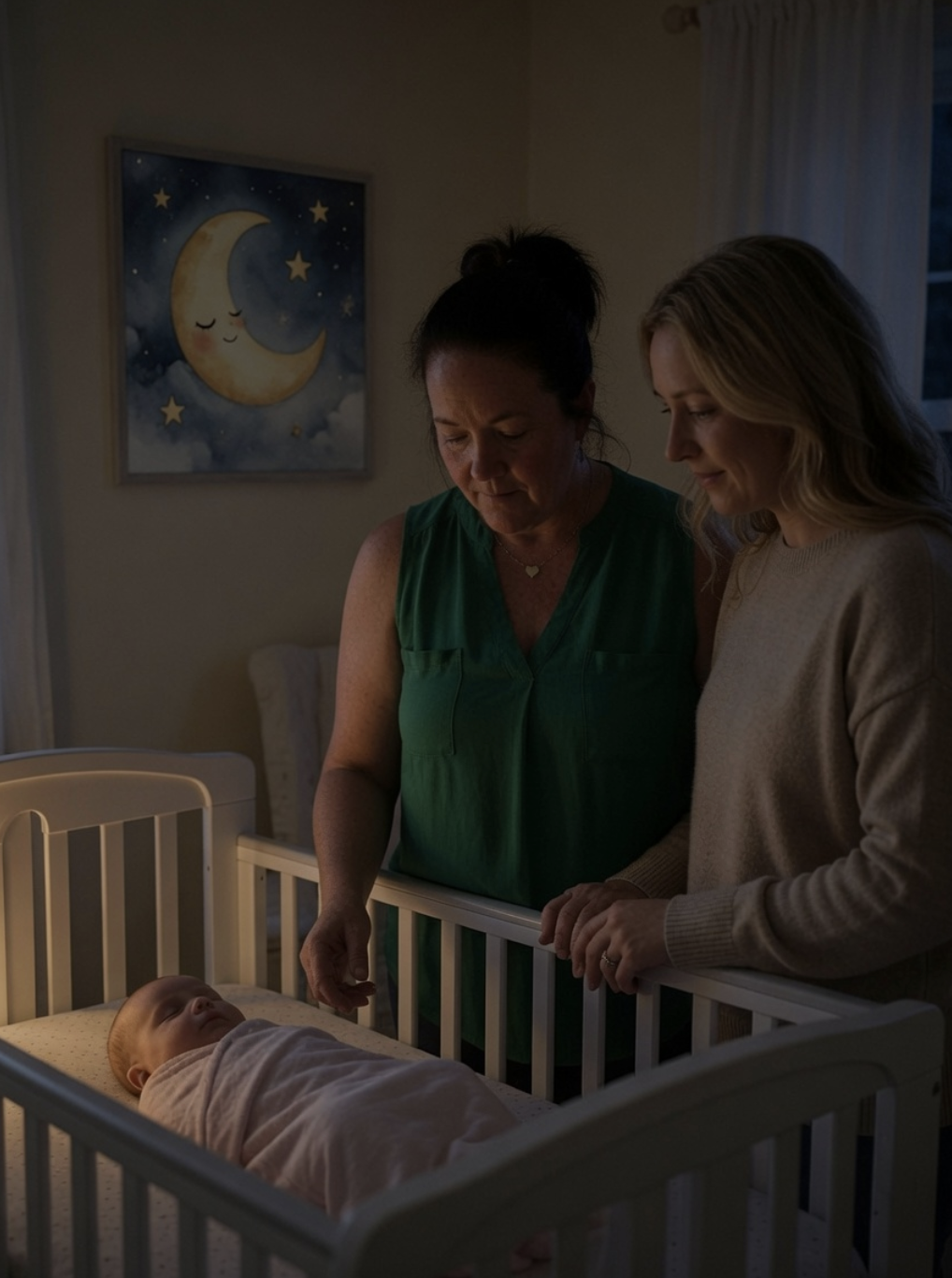 Hannah Peterson standing beside a mother at a crib, quietly watching a sleeping baby together